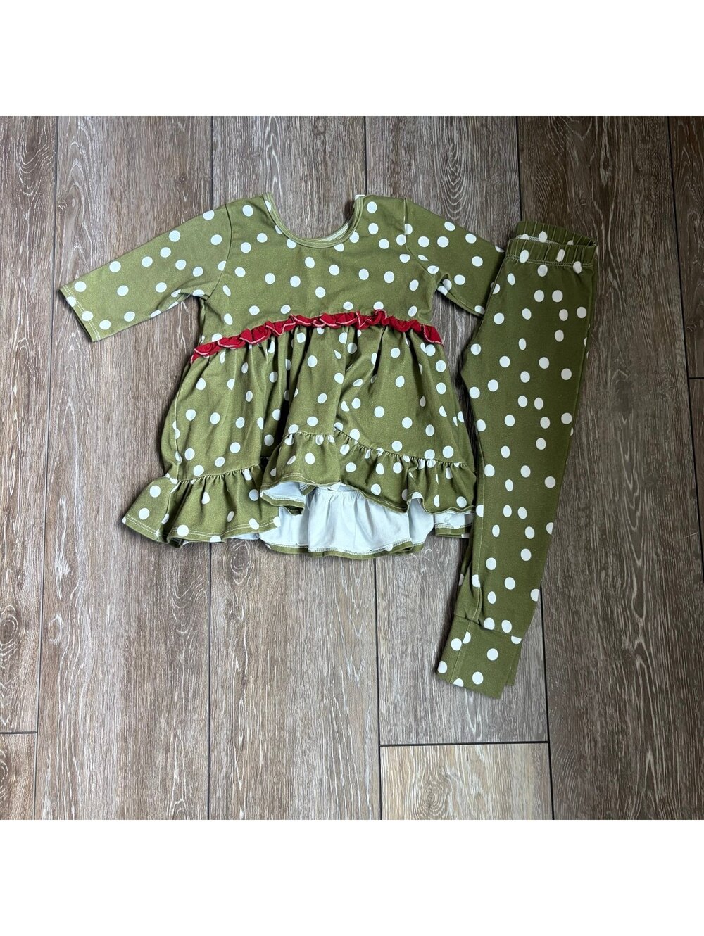 Made By Molly Olive Green Polka Dot Tunic and Pants Set
